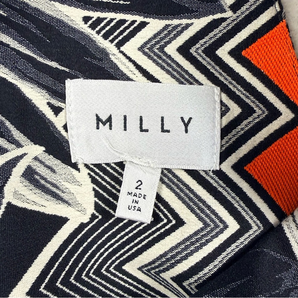 Milly Black White Floral Shift Dress Orange Accent High Neck Size 2 Made USA - Picture 3 of 11